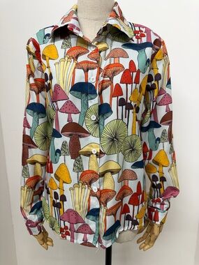 Retro Styled Mushroom Print Button Front Long Sleeve Bohemian Shirt Size Medium